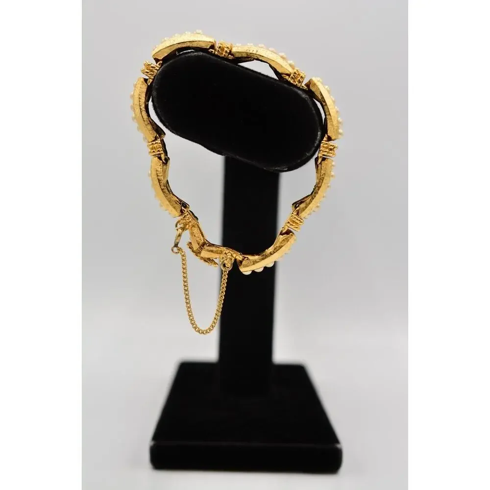 Vintage Linked Bracelet Brushed Gold Tone Pearl Inlay Chunky Heavy 1980s Bin5